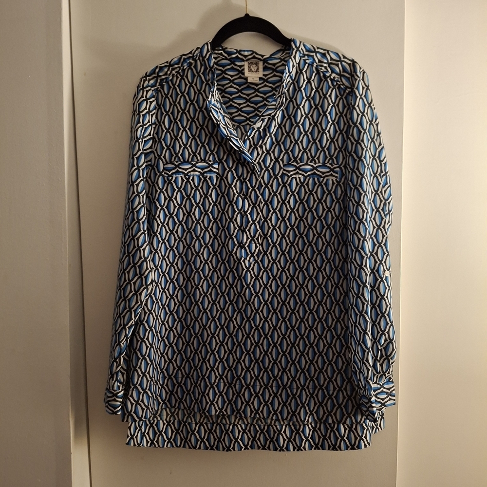 Anne Klein Women's Blue and Black Patterned Blouse